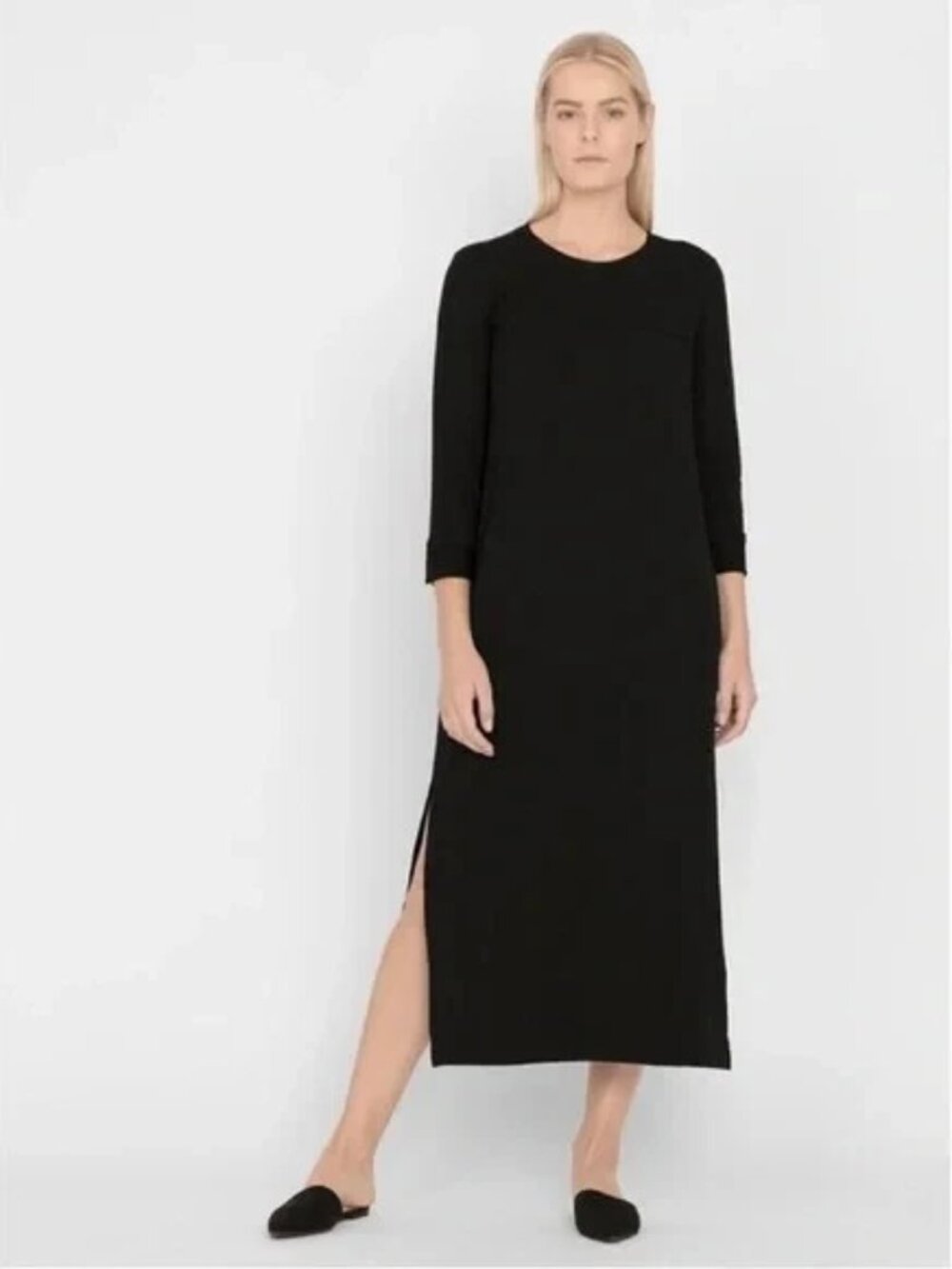 Cuyana Womens French Terry Midi Dress Long Sleeve Keyhole Back Black Medium m